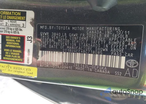 2011 Toyota Corolla S из США, поврежденный, VIN 2T1BU4EE4BC718085